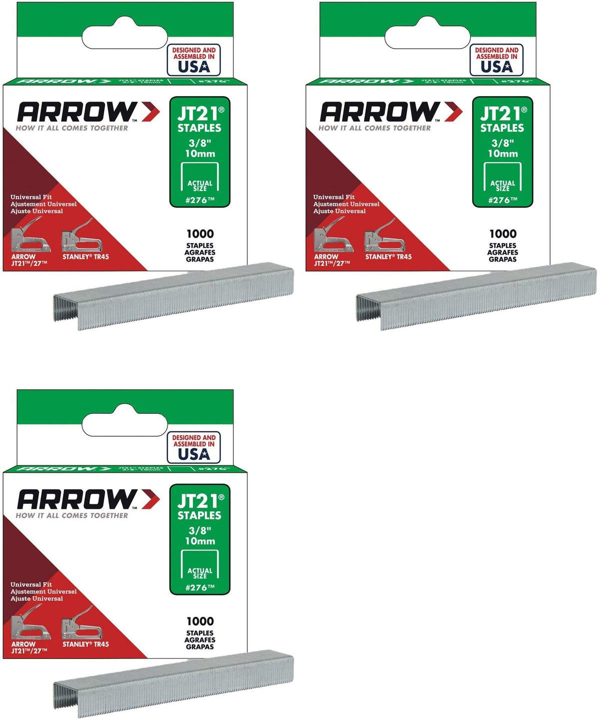 Arrow Fastener 276 Genuine JT21/T27 3/8-Inch Staples, 1,000-Pack - 3 Pack