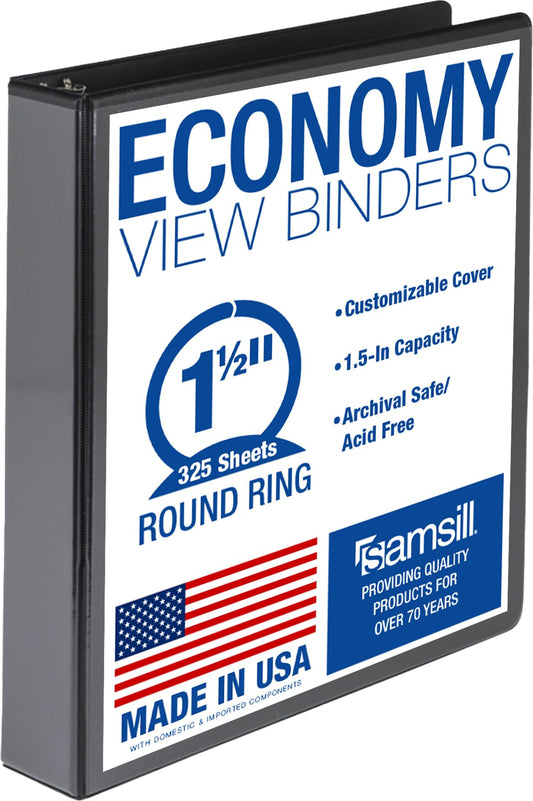 Samsill 1.5 Inch 3 Ring Binder, Made in USA, Economy Round Ring, Clear View Cover, 325 Sheet Capacity - for School, Home, Office - Black
