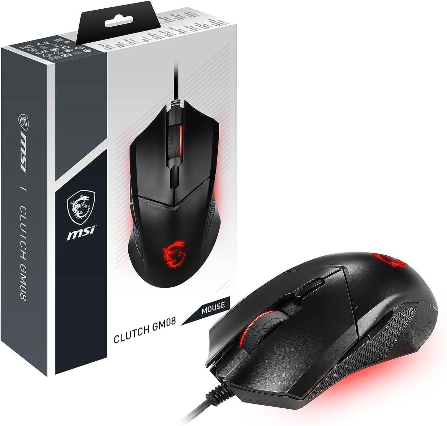 MSI Clutch GM08 Gaming Mouse, 4200 DPI, Optical Sensor, 3 Adjustable Weights, Red LED Lighting, Symmetrical Design, Black