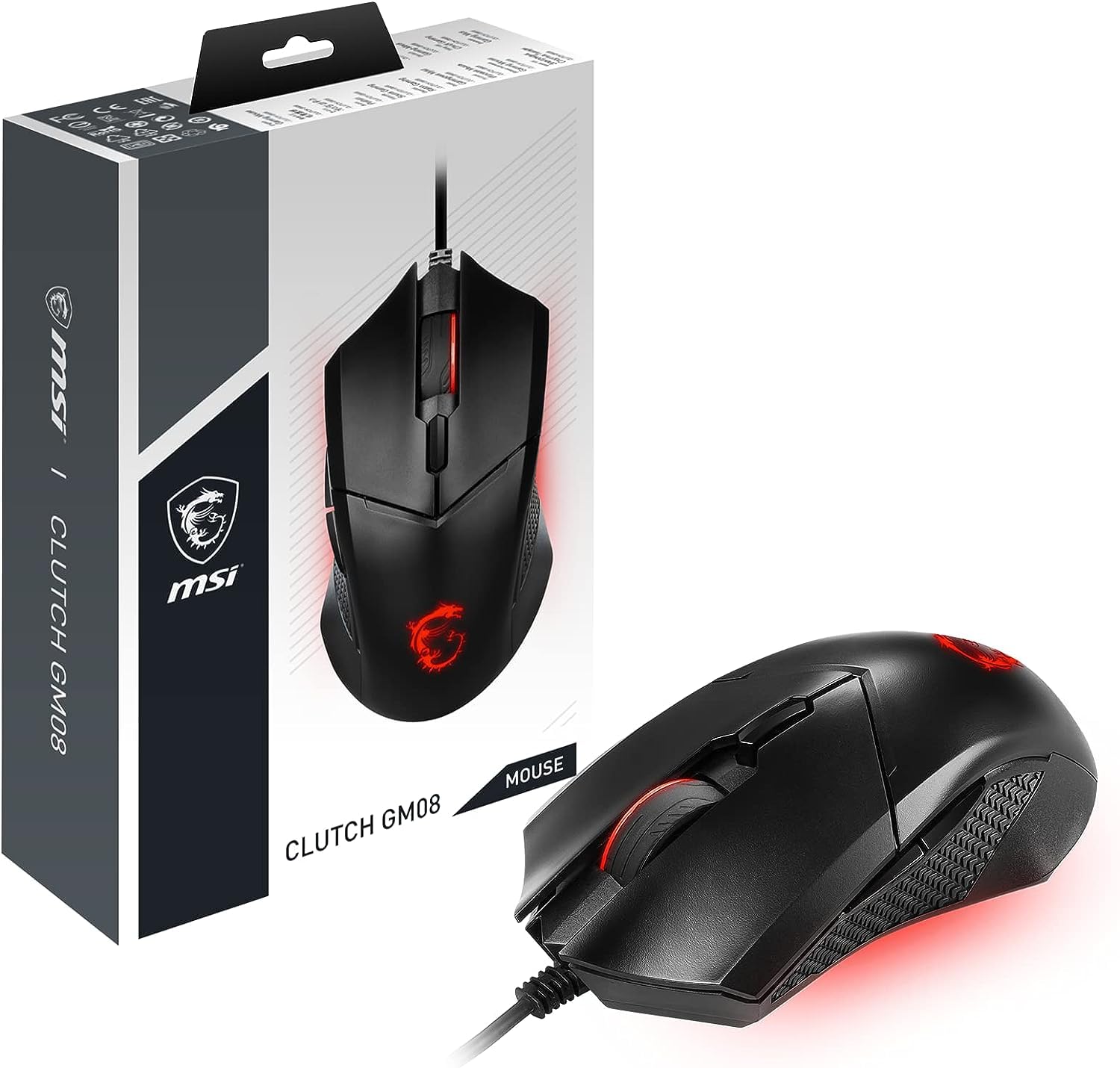 MSI Clutch GM08 Gaming Mouse, 4200 DPI, Optical Sensor, 3 Adjustable Weights, Red LED Lighting, Symmetrical Design, Black