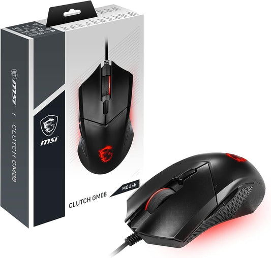 MSI Clutch GM08 Gaming Mouse, 4200 DPI, Optical Sensor, 3 Adjustable Weights, Red LED Lighting, Symmetrical Design, Black
