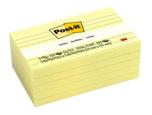 Post-it Notes, 3 in x 5 in, 5 Lined Sticky Notes Pads, 100 Sheets per Pad, Canary Yellow, The Original Post-it Note, School Supplies and O?ce Products