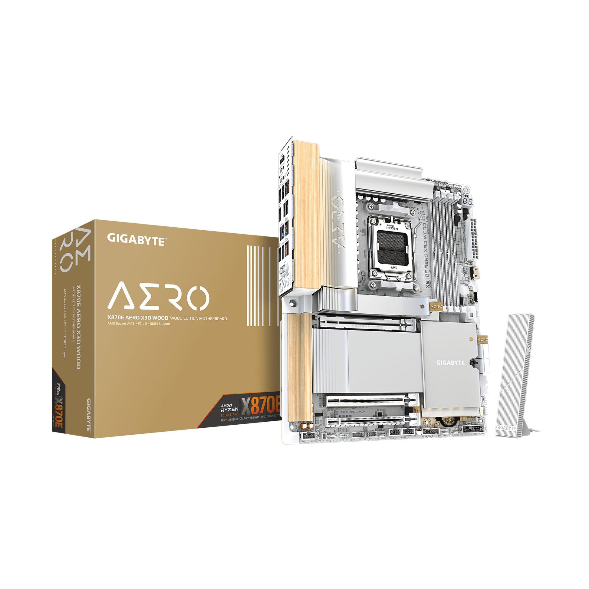 GIGABYTE X870E AERO X3D Wood AMD AM5, ATX, Supports AMD Ryzen 9000/8000/7000 Series Processors, DDR5, 16+2+2 Total Power Phase, 4X M.2, PCIe 5.0, USB4 Type-C, WIFI7, Dual 5 GbE LAN, 5 Year Warranty
