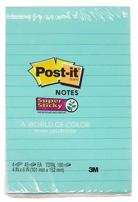 Post-it Super Sticky Lined Notes, 4 Sticky Note Pads, 4 x 6 in., School Supplies, Office Products, Sticky Notes for Vertical Surfaces, Monitors, Walls and Windows, Supernova Neons Collection