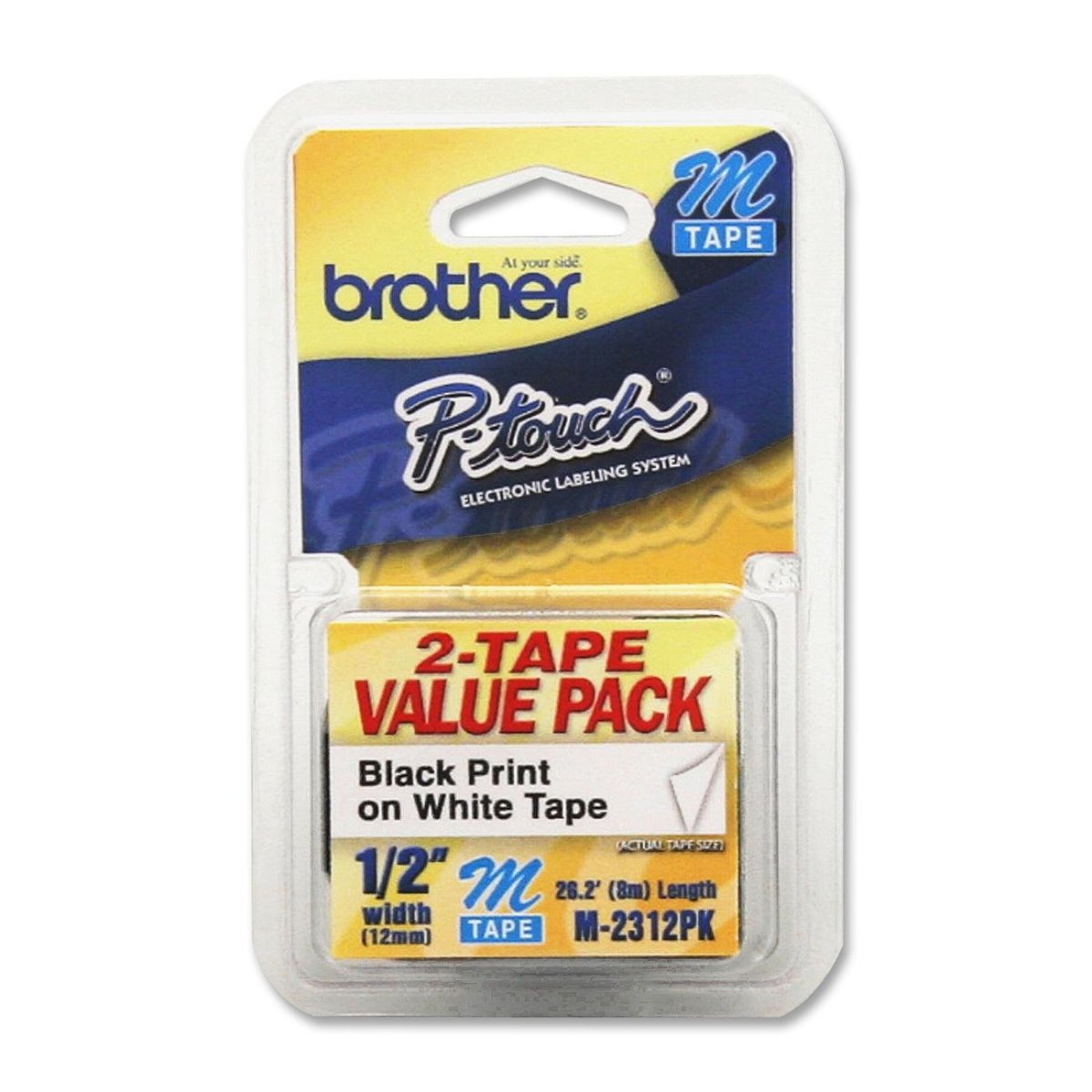Brother P-Touch M2312PK Tape Cartridges, 1/2" Black on White, 2-Pack