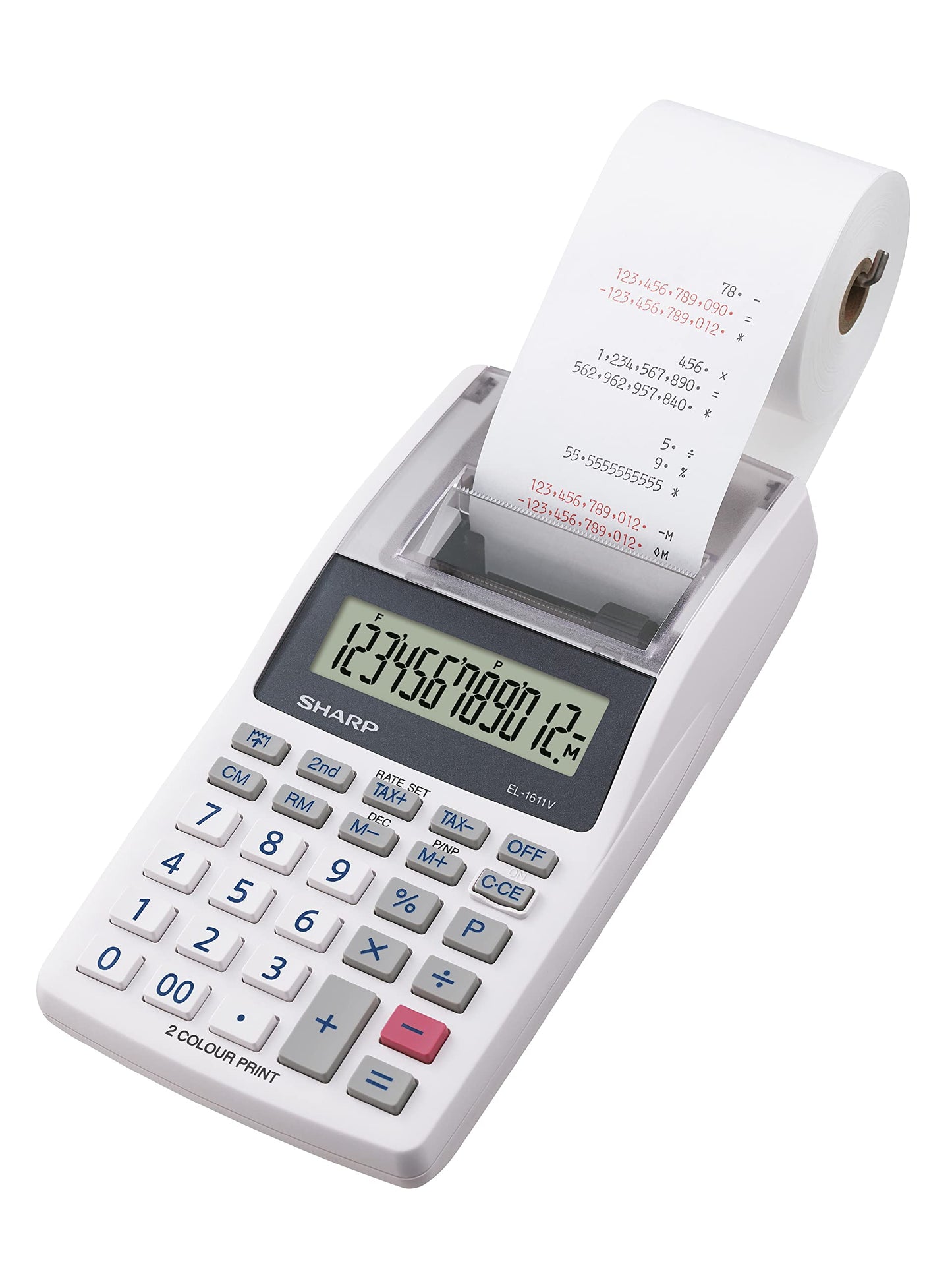 Sharp EL-1611V Handheld Portable Cordless 12 Digit Large LCD Display Two-Color Printing Calculator with Tax Functions