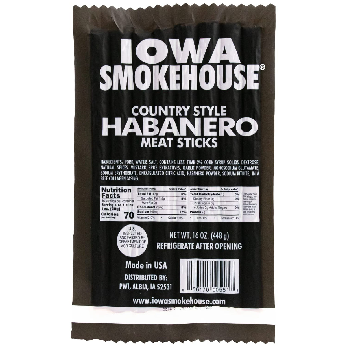 IOWA SMOKEHOUSE Country Style Meat Sticks, Habanero - Delicious Meat Snack - Vacuum Sealed & Ready to Eat Sticks - 7g of Protein, Made with all USA Pork - 16 Oz (16 sticks per pack)