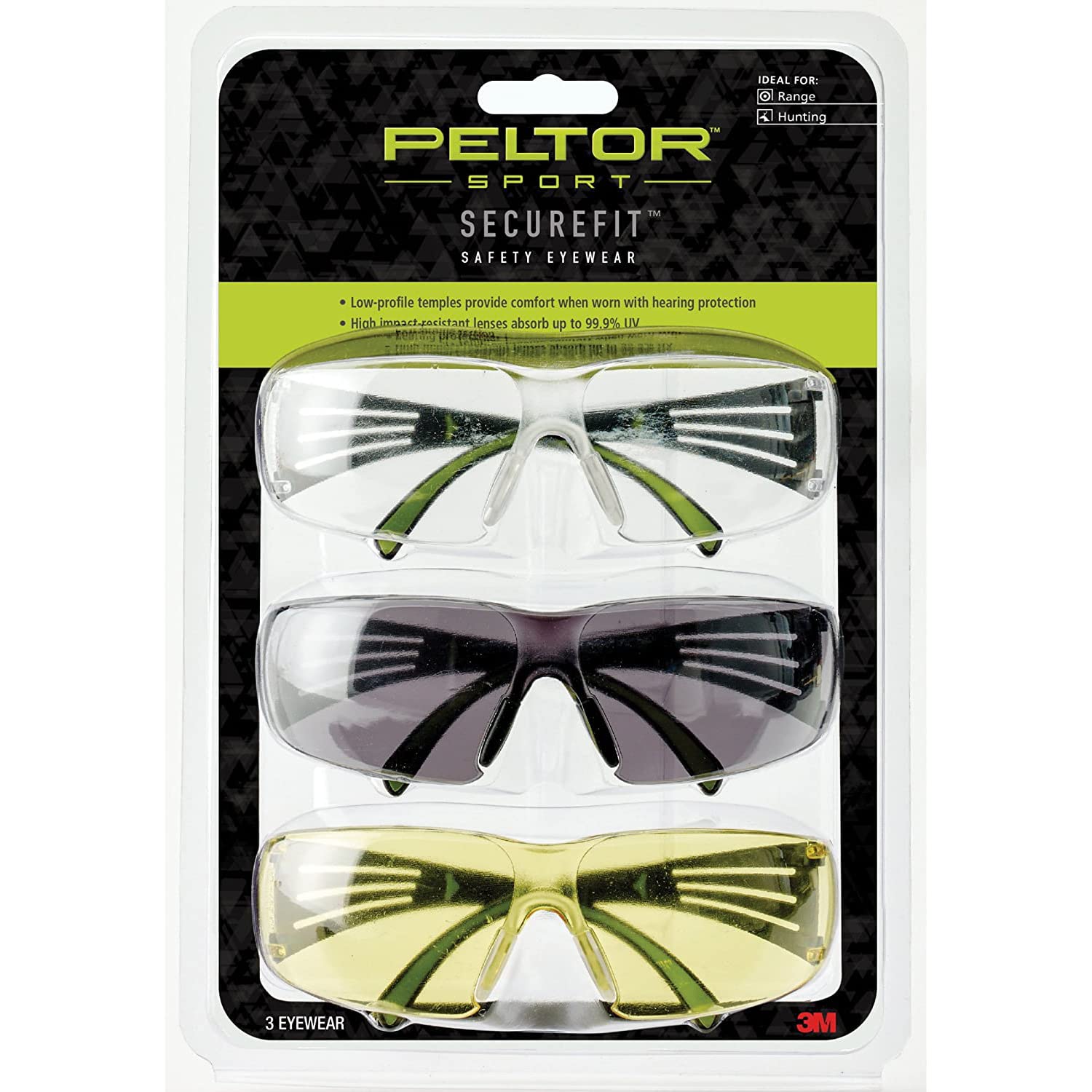 Peltor Sport SecureFit 400 Eye Protection, Multi Shaded 3 Pack (Clear/Amber/Gray), High Impact Resistant, Blocks 99.9% UV, Anti-Fog, Scratch Resistant Lenses, Low Profile Safety Glasses (SF400-P3PK-6)