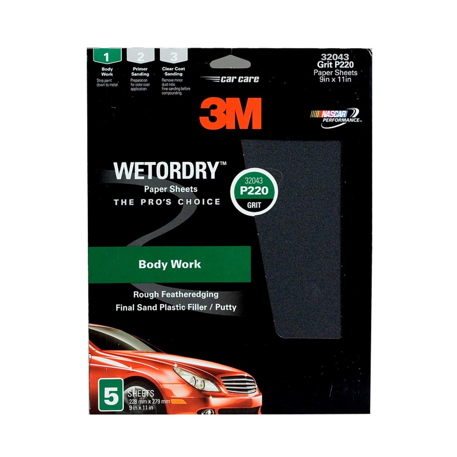 3M Wetordry Sandpaper, 32043, 220 Grit, 9 in x 11 in, 5 Sheets Per Pack