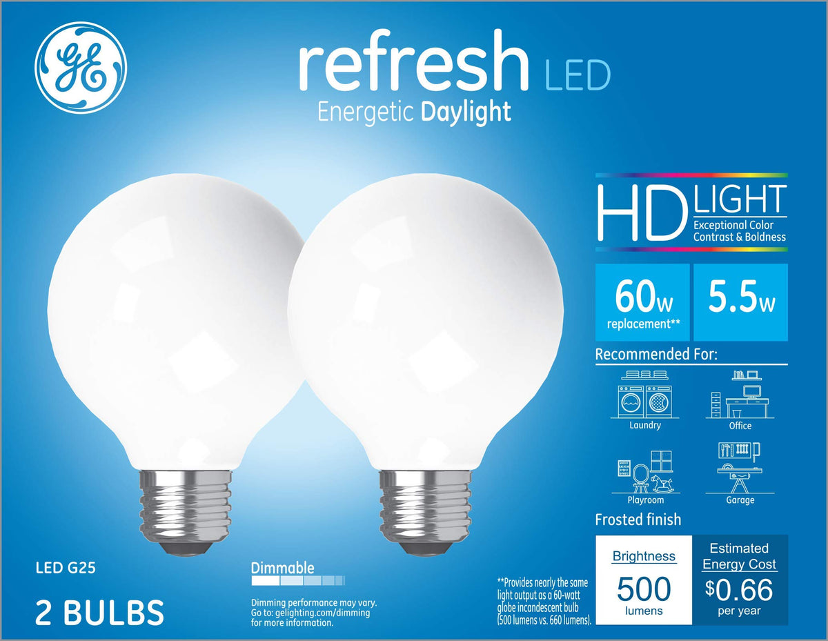 GE Refresh HD Daylight G25 LED Bulb 2-Pack