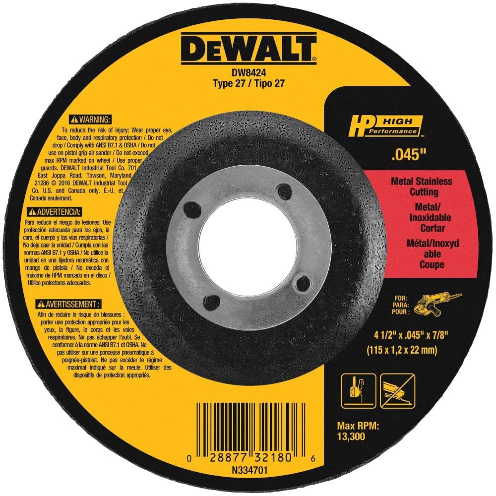 DEWALT DW8424 Thin Cutting Wheel 4-1/2 in x .045 in