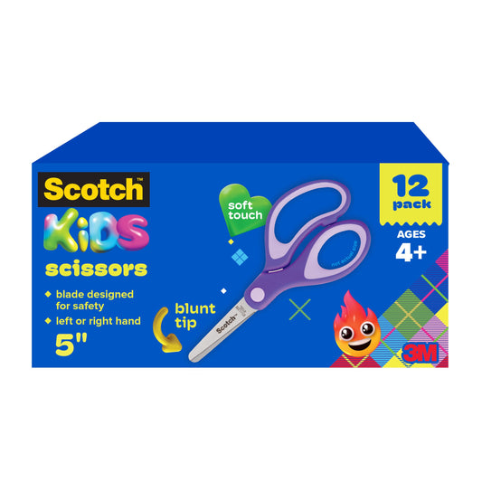 Scotch 5" Soft Touch Blunt Kid Scissors, Purple, 12 Count Teacher's Pack, Ideal for school supplies and classroom projects