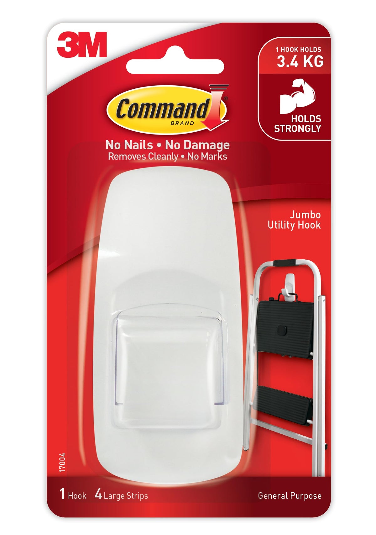 Command Jumbo Plastic Hook with Adhesive Strips, 2-Hook