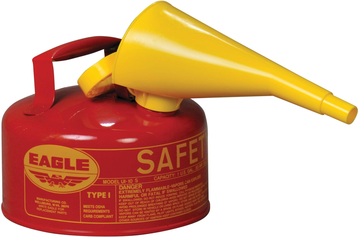 Eagle 1 Gallon Type I Red Safety Gas Can for Gasoline with Flame Arrester and Self-Closing Lid, Made in the USA, Galvanized Steel Flammable Storage Can, UI10S