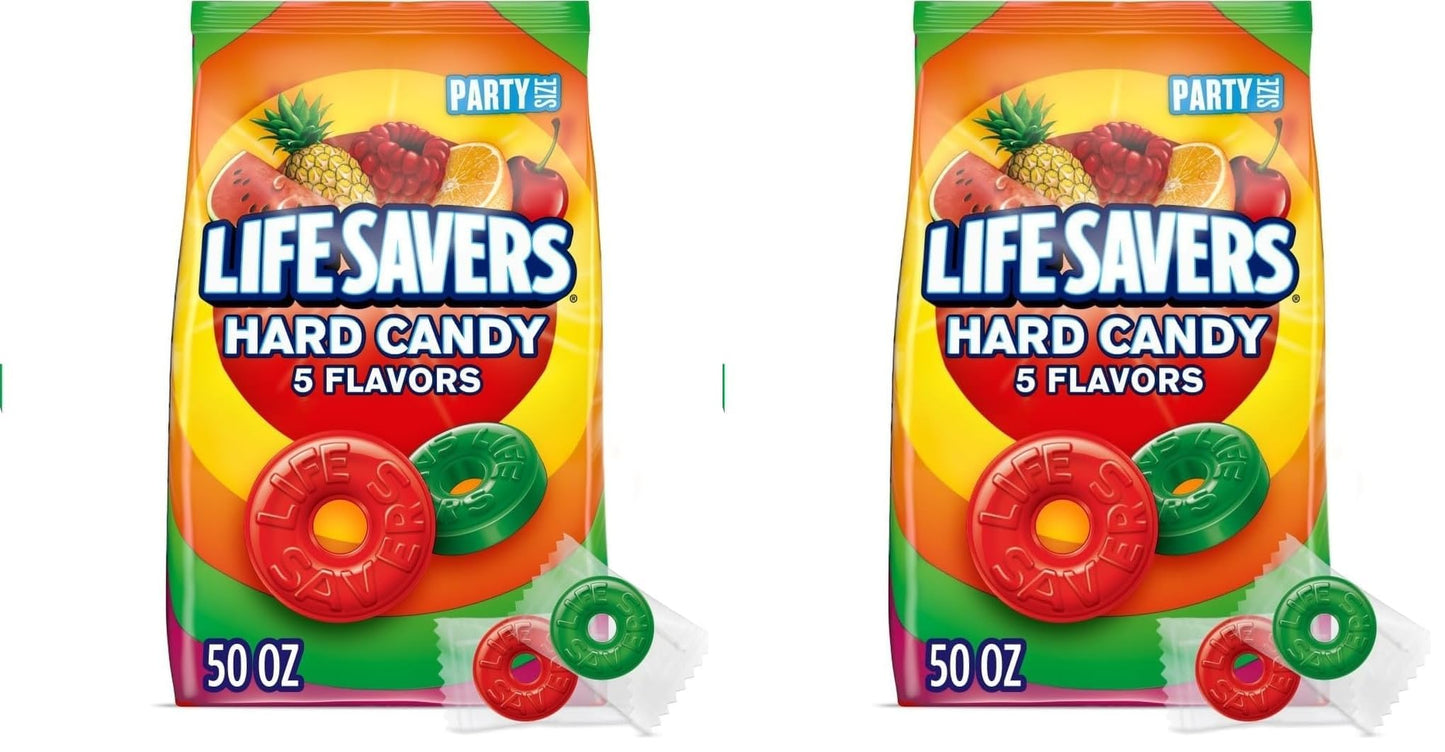 LIFE SAVERS Hard Candy Bag 5 Flavors, Hard Candy Individually Wrapped for Goodie Bags, Road Trips, Treats, Offices, Celebrations, 50-Ounce Party Size (Pack of 2)