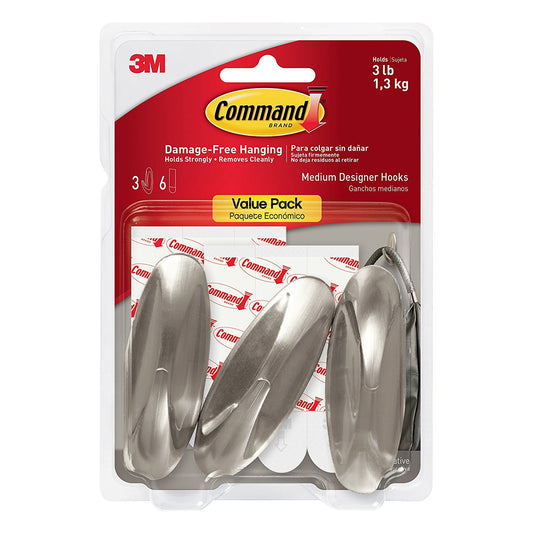 3M Command Medium Designer Hooks Brushed Nickel 3-Pack