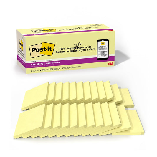 Post-it 100% Recycled Paper Super Sticky Notes, Canary Yellow, 3 in. x 3 in., 24 Sticky Note Pads, 70 Sheets per Pad, New Year Organization or Second Semester School Supplies