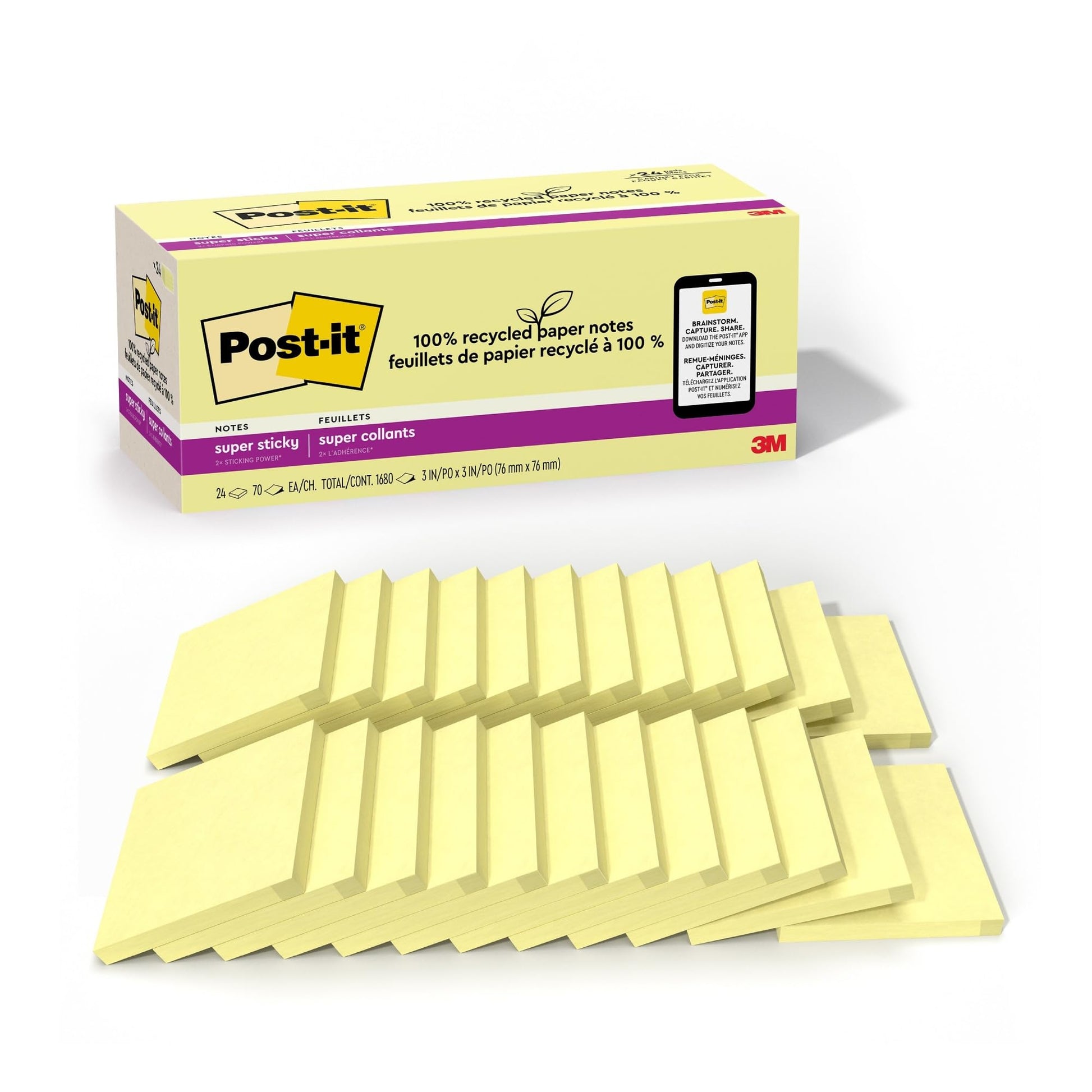 Post-it 100% Recycled Paper Super Sticky Notes, Canary Yellow, 3 in. x 3 in., 24 Sticky Note Pads, 70 Sheets per Pad, New Year Organization or Second Semester School Supplies