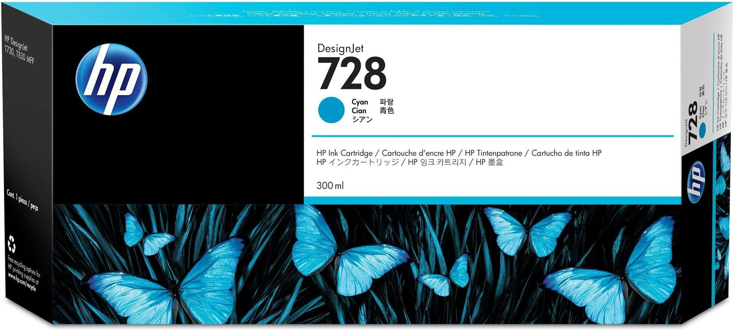 HP 728 Cyan 300-ml Genuine Ink Cartridge (F9K17A) for DesignJet T830 MFP & T730 Large Format Plotter Printers
