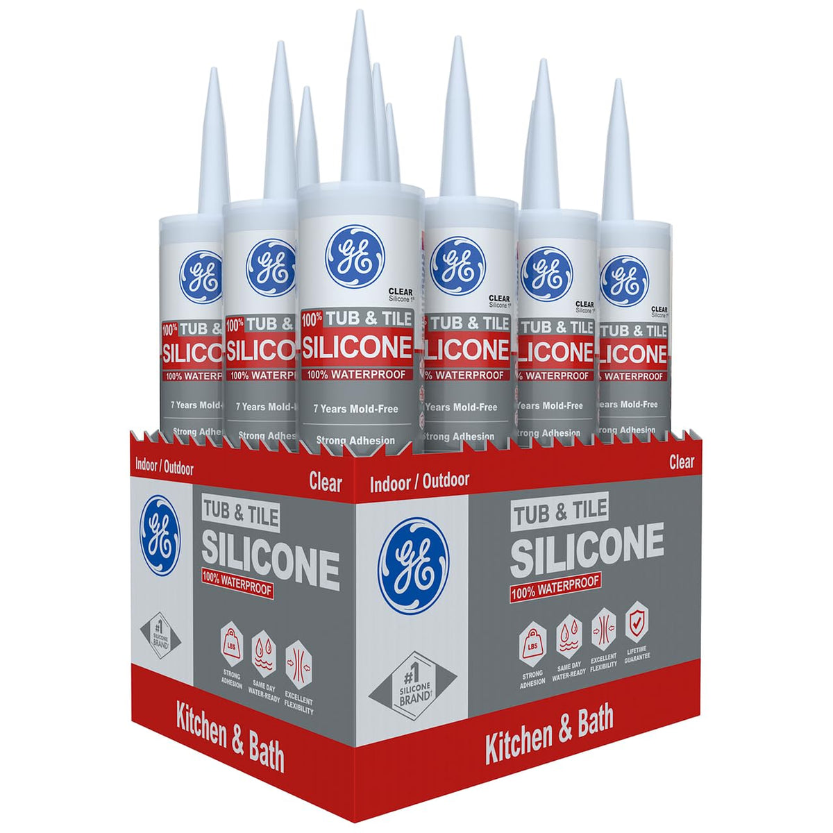 GE Tub and Tile Silicone Caulk 10oz, Clear, 12-Pack