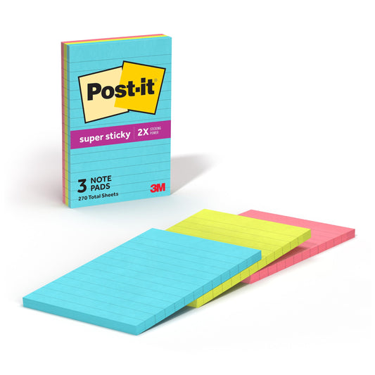 Post-it Super Sticky Lined Notes, 3 Sticky Note Pads, 4 x 6 in., School Supplies for Students, Ideal for Textbooks, Notebooks, Walls and Vertical Surfaces, Supernova Neons Collection