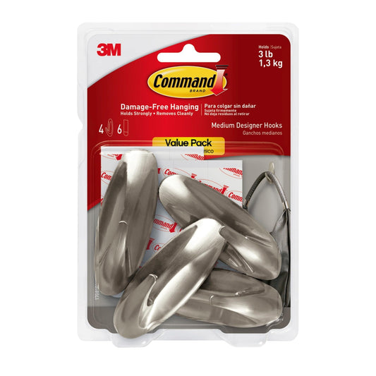 Command 3 lb Capacity Hooks, Indoor Use, 4 hooks, 6 strips