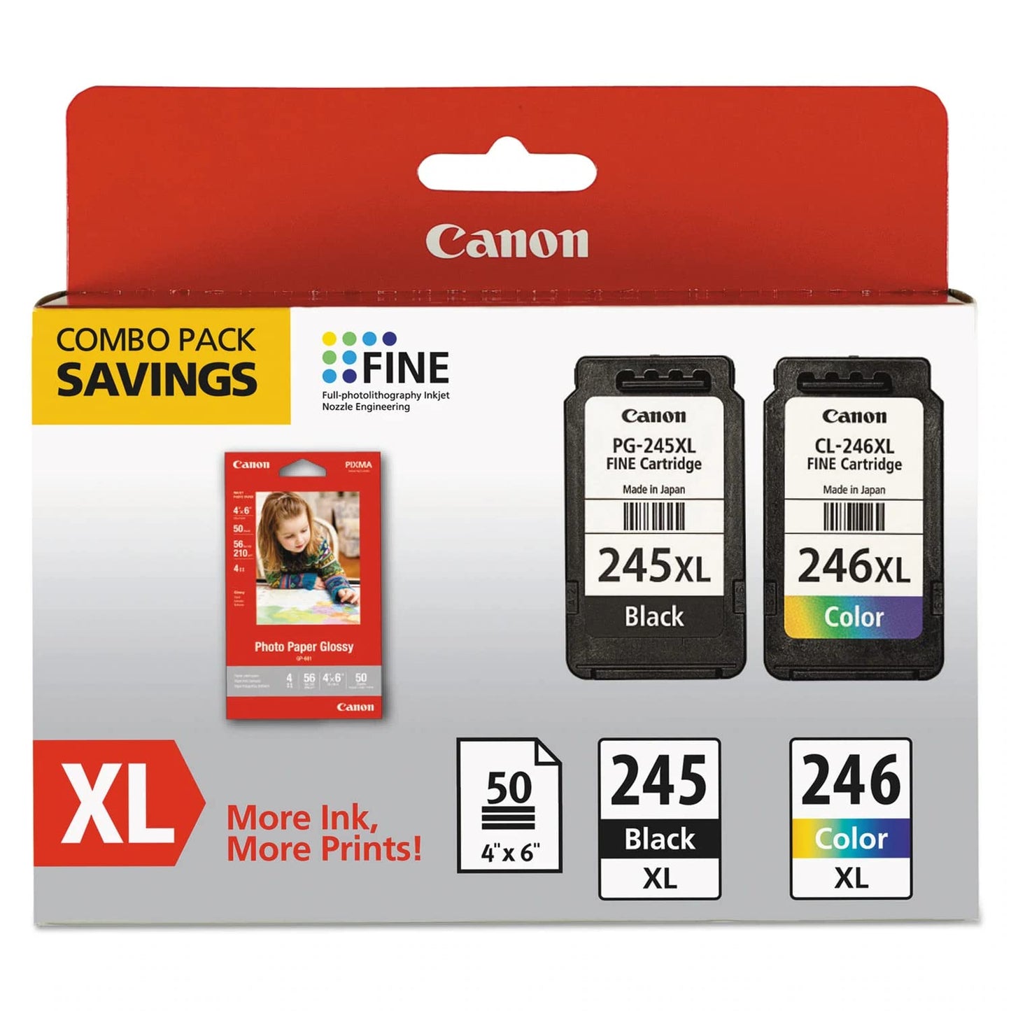 Canon PG-245 XL / CL-246 XL Genuine Ink Value Pack (2 Cartridges) with 50-Sheet Photo Paper, Compatible with iP2820, MG2420/2924/2920/3020/2522/2525, MX492, TS3120/302/302a/202/202a/4520/3320