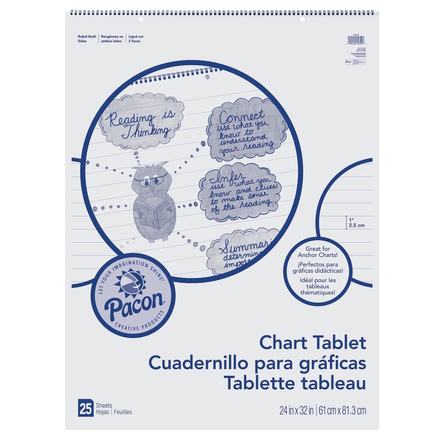 Pacon 74610 Chart Tablets w/Cursive Cover, Ruled, 24 x 32, White, 25 Sheets