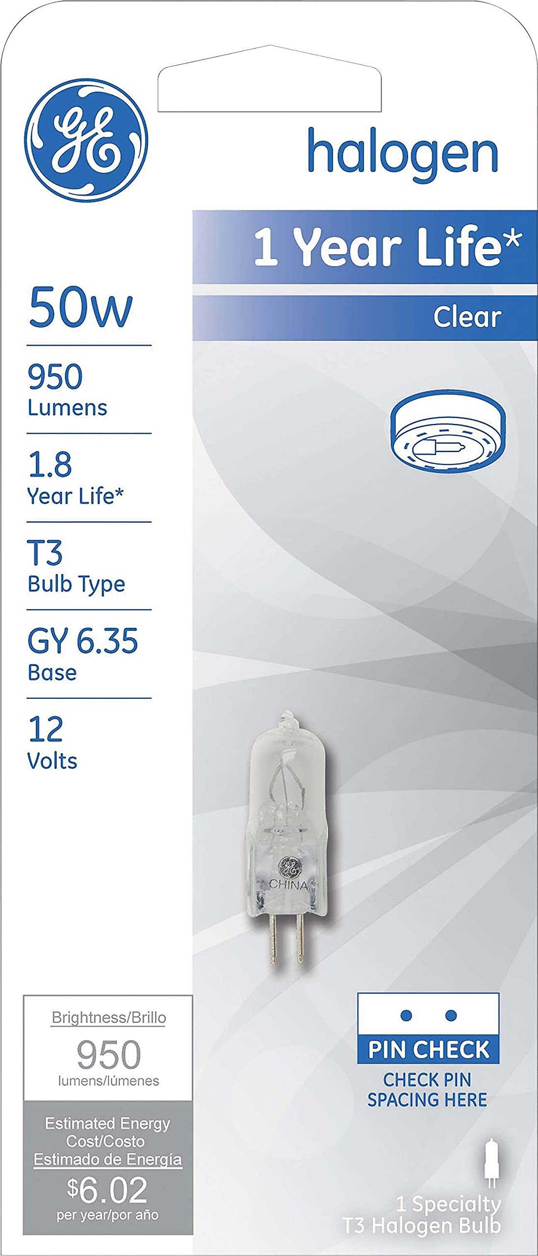 GE T3 Halogen Light Bulb 50W GY6.35 1-Pack