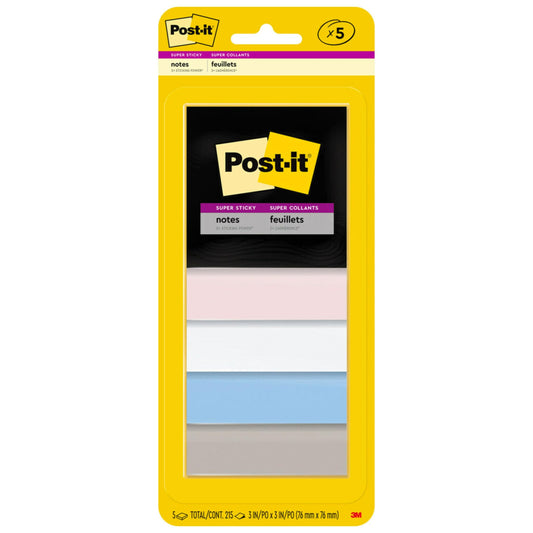 Post-it Super Sticky Notes, 5 Sticky Note Pads, 3 x 3 in., School Supplies for Students, Ideal for Textbooks, Notebooks, Walls and Vertical Surfaces, Simply Serene Collection
