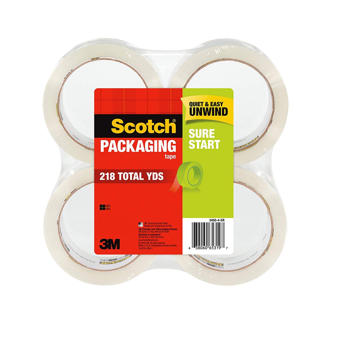 3M Scotch Sure Start Shipping Tape 1.88" x 54.6 yd, 4 Rolls (3450-4)