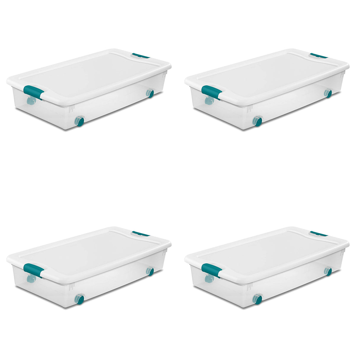 Sterilite 4-Pack 56 Quart Wheeled Latching Box, Underbed Clear Plastic Storage Organizer - Under Bed Rolling Container Bin with Lid and Wheels for Home or Dorm Bedrooms and Closets
