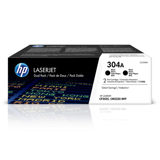 HP Original 304A Black Toner Cartridges (2-pack) | Works with Color LaserJet CM2320 MFP, Color LaserJet CP2025 Series | CC530AD