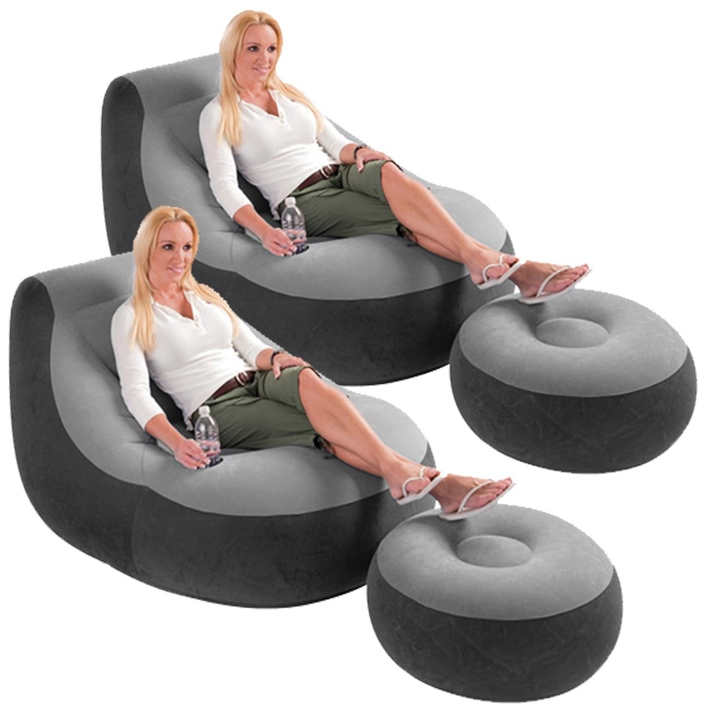 Intex Inflatable Ultra Lounge Chair With Cup Holder And Ottoman Set (2 Pack)