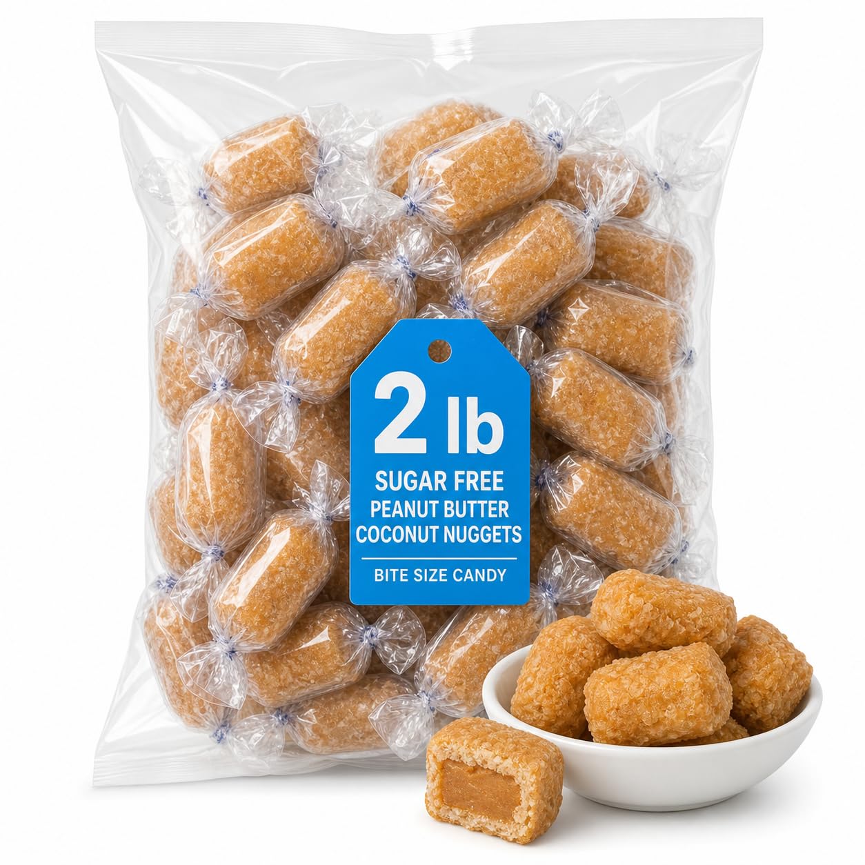 Sugar Free Peanut Butter Coconut Nuggets, Bite Size Candy, 2 lb Bag