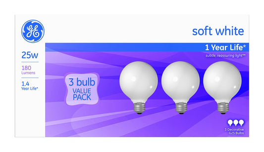 GE G25 Globe Incandescent Bulb 25W Soft White 3pk