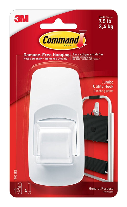Command Jumbo Utility Hooks, White, Plastic, 1 Hook, Holds Up to 7.5 Pounds, Damage Free Hanging, For Indoor/Outdoor Use, Pack of 2