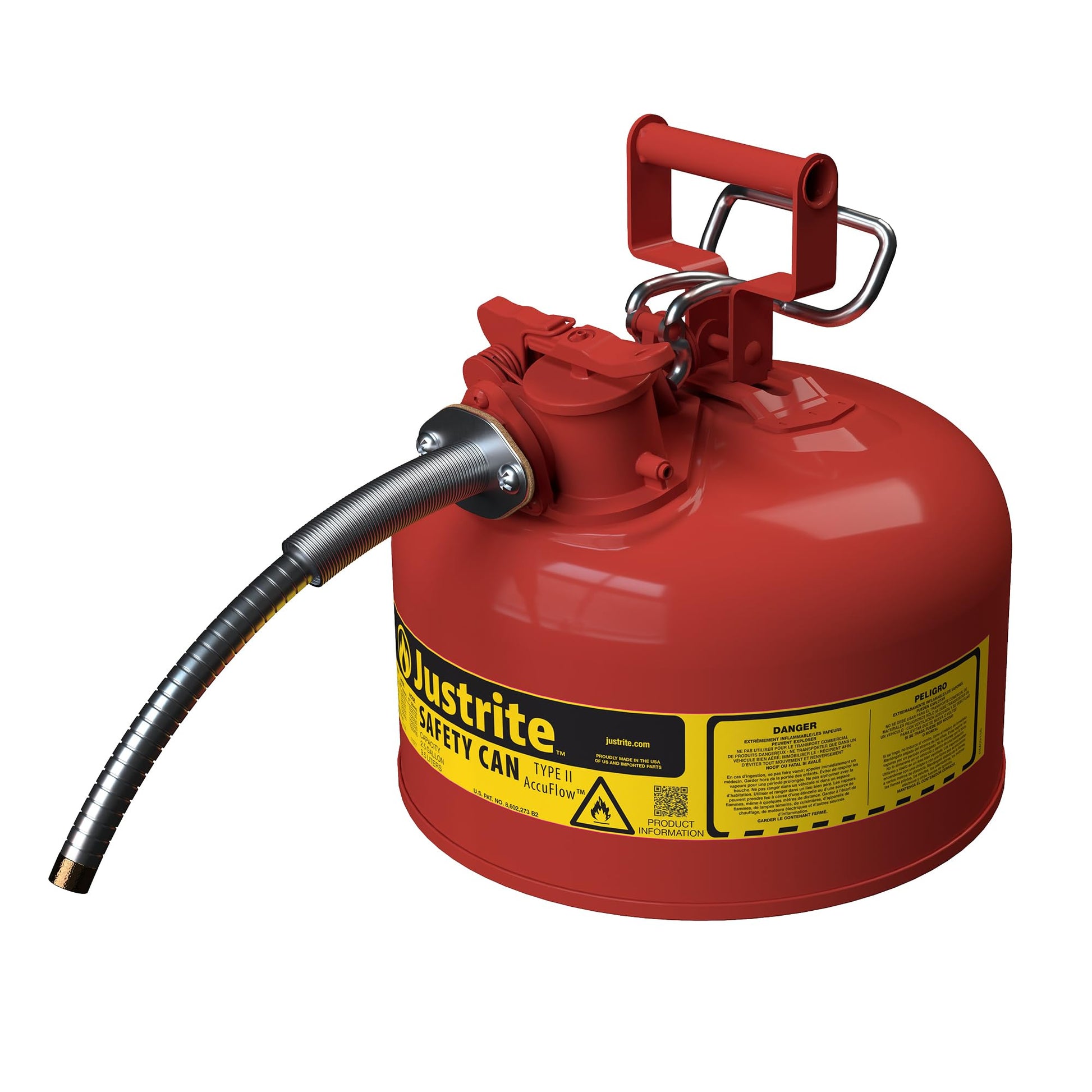 Justrite 2.5 Gallon Type II Red Safety Gas Can for Gasoline with Flame Arrester, Self-Closing Lid, and 1" Flexible Metal Spout, Made in the USA, Galvanized Steel Flammable Storage Can, 7225130