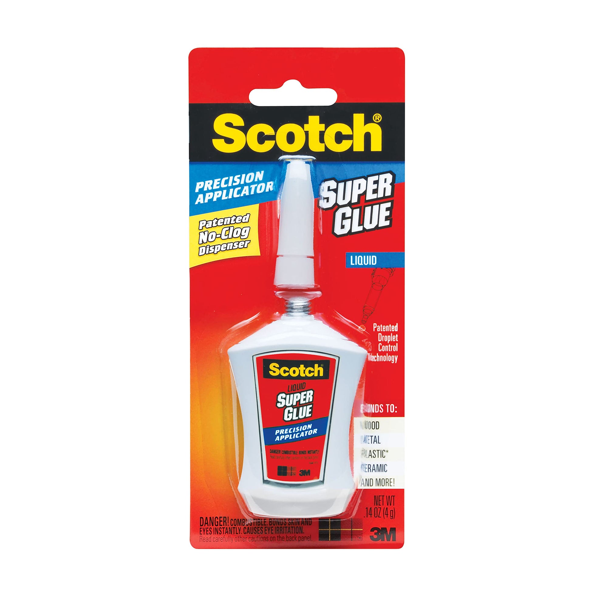 Scotch Super Glue Liquid, Precision Applicator, Fast-Drying, 0.14 oz, Clear, Bonds Plastic, Wood, Metal, Ceramic, Leather, Rubber and More, Single Unit