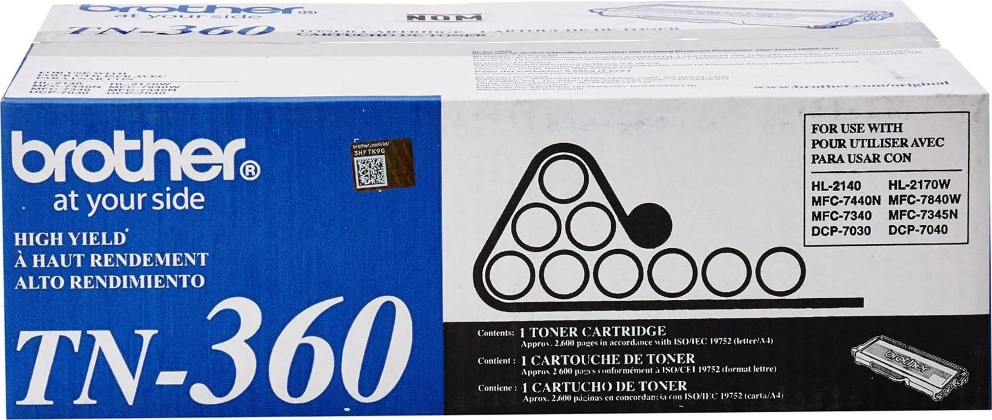 Brother Genuine TN360 2-Pack High Yield Black Toner Cartridge with approximately 2,600 page yield/cartridge