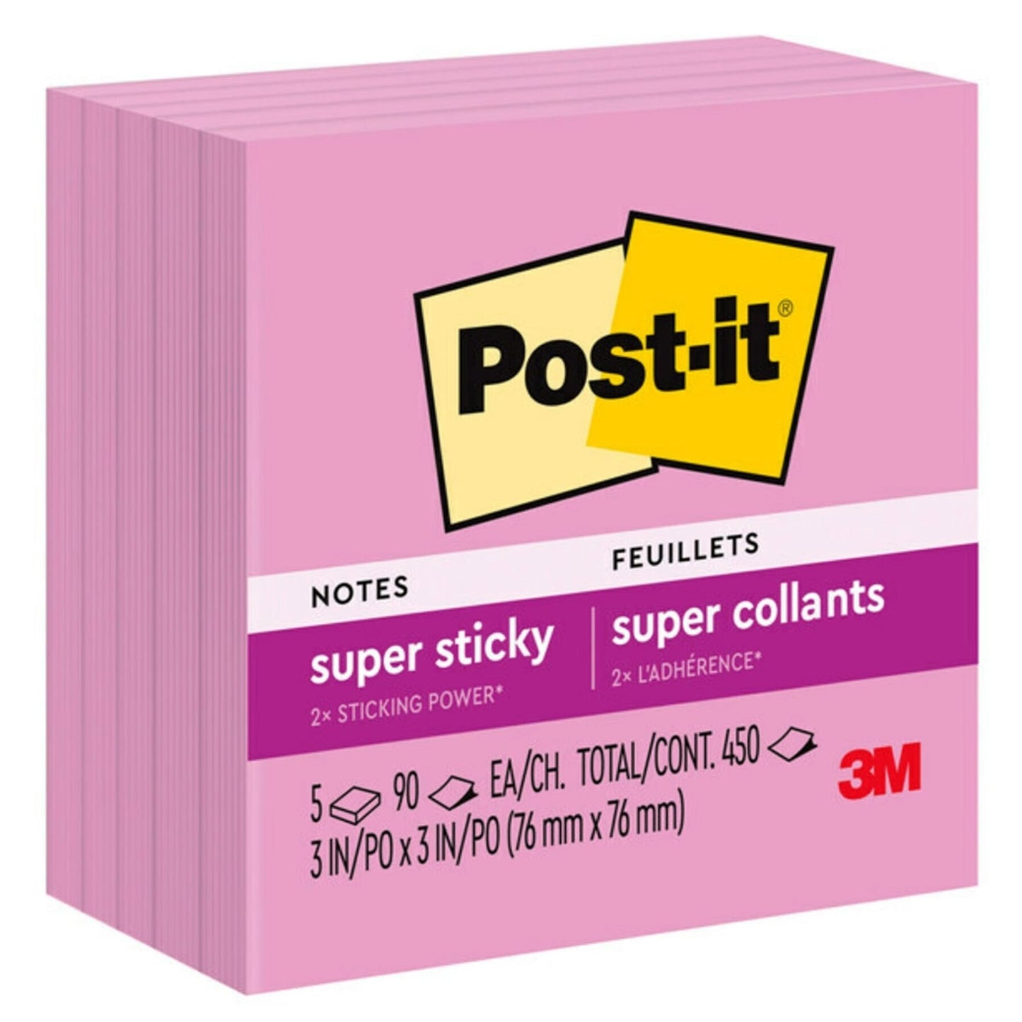Post-it Super Sticky Notes, 5 Sticky Note Pads, 3 x 3 in., School Supplies, Office Products, Sticky Notes for Vertical Surfaces, Monitors, Walls and Windows, Tropical Pink