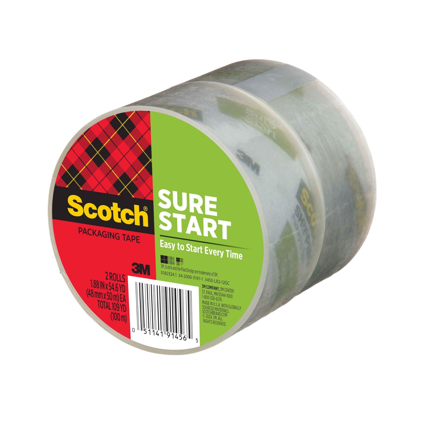Scotch Sure Start Packaging Tape 3450-2, 1.88 in x 54.6 yd, 2 Rolls