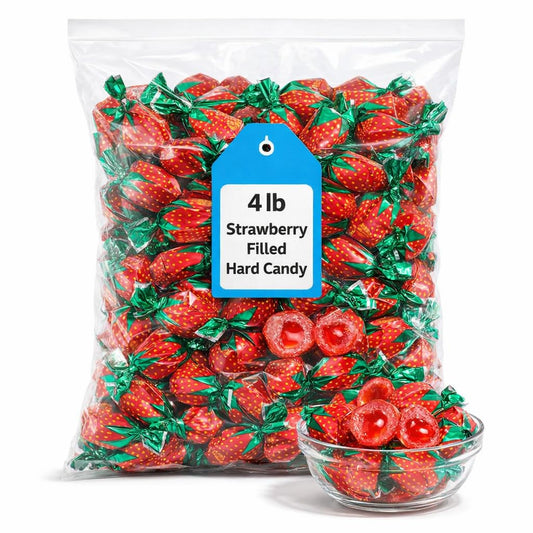 Strawberry Filled Hard Candy – 4 lb Bulk Bag, Sweet Strawberry Liquid Center Candy for Snacking & Candy Bowls