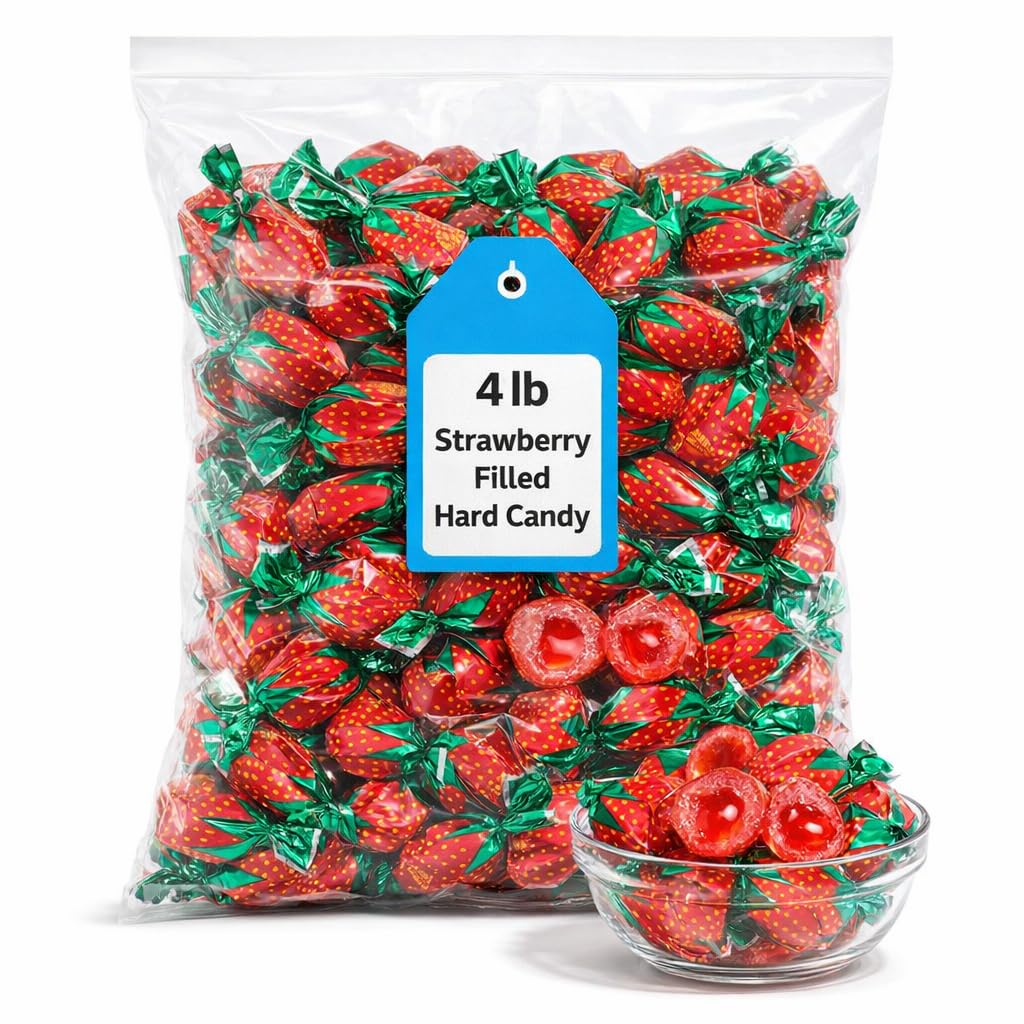 Strawberry Filled Hard Candy – 4 lb Bulk Bag, Sweet Strawberry Liquid Center Candy for Snacking & Candy Bowls