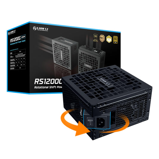 Lian Li RS 1200W Rotational Shift Fully Modular ATX Power Supply (W/USB Fan Hub) 90° AC Inlet, Cybenetics Platinum, 80+ Gold, ATX 3.1, PCIe 5.1, 12V-2×6 Cable, 10 Year Warranty, Black (RS1200G.BH)