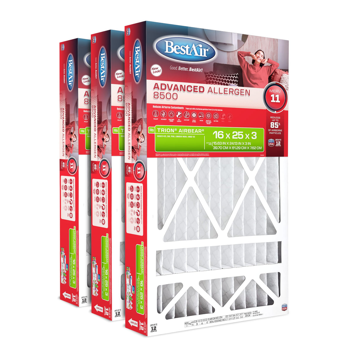 BestAir AB3-1625-11R AC Furnace Air Filter, 16" x 25" x 3", MERV 11, Fits 100%, For Trion Air Bear, Supreme, Skuttle, GeneralAire, Source1 & Ultravation Models, Pack of 3
