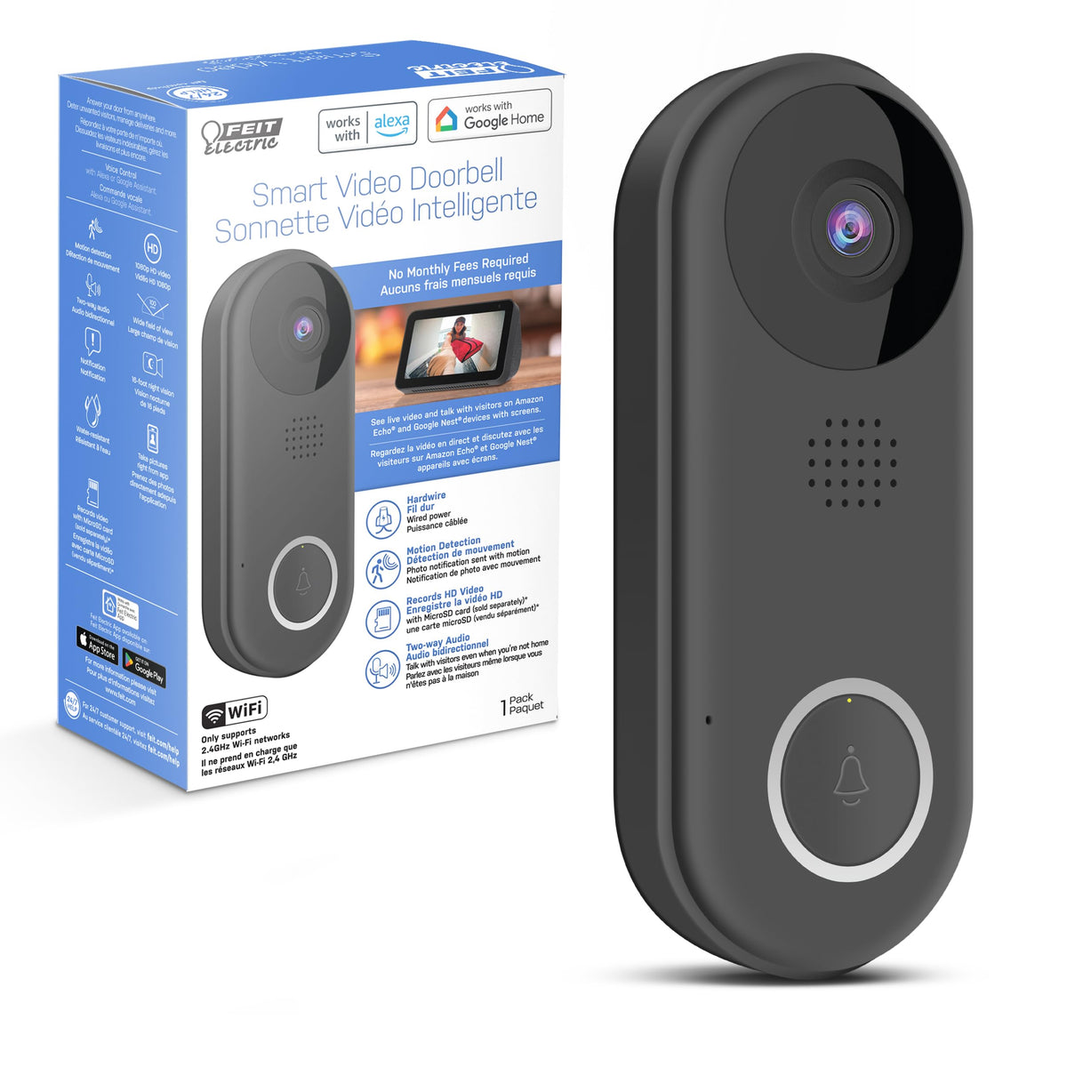 FEIT Smart Video Doorbell Black 4.5"H