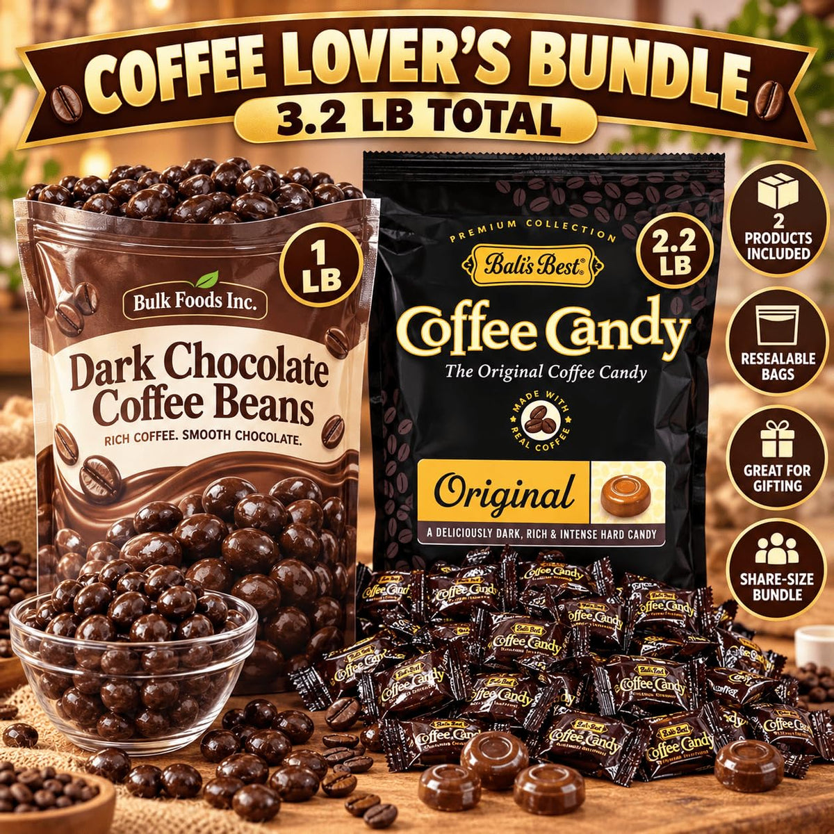 Bulk Dark Chocolate Espresso Beans 1lb + Bali's Candy 2.2lb