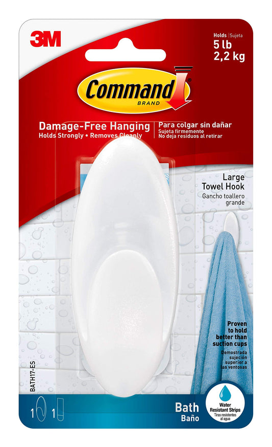 Command Large Towel Hook, Holds up to 5 lb, 1 Bath Hook with 1 Water-Resistant Command Strip, Damage Free Bathroom Organization for Robes, Towels, Loofahs, or Bathroom Accessories