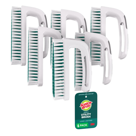Scotch-Brite Small Utility Brush, Long Lasting Dish Brush with Handle for Scrubbing Cookware, Hands, Tile, Grout, Cutting Boards, and Utensils without Scratching, Antimicrobial, and Rinses Clean